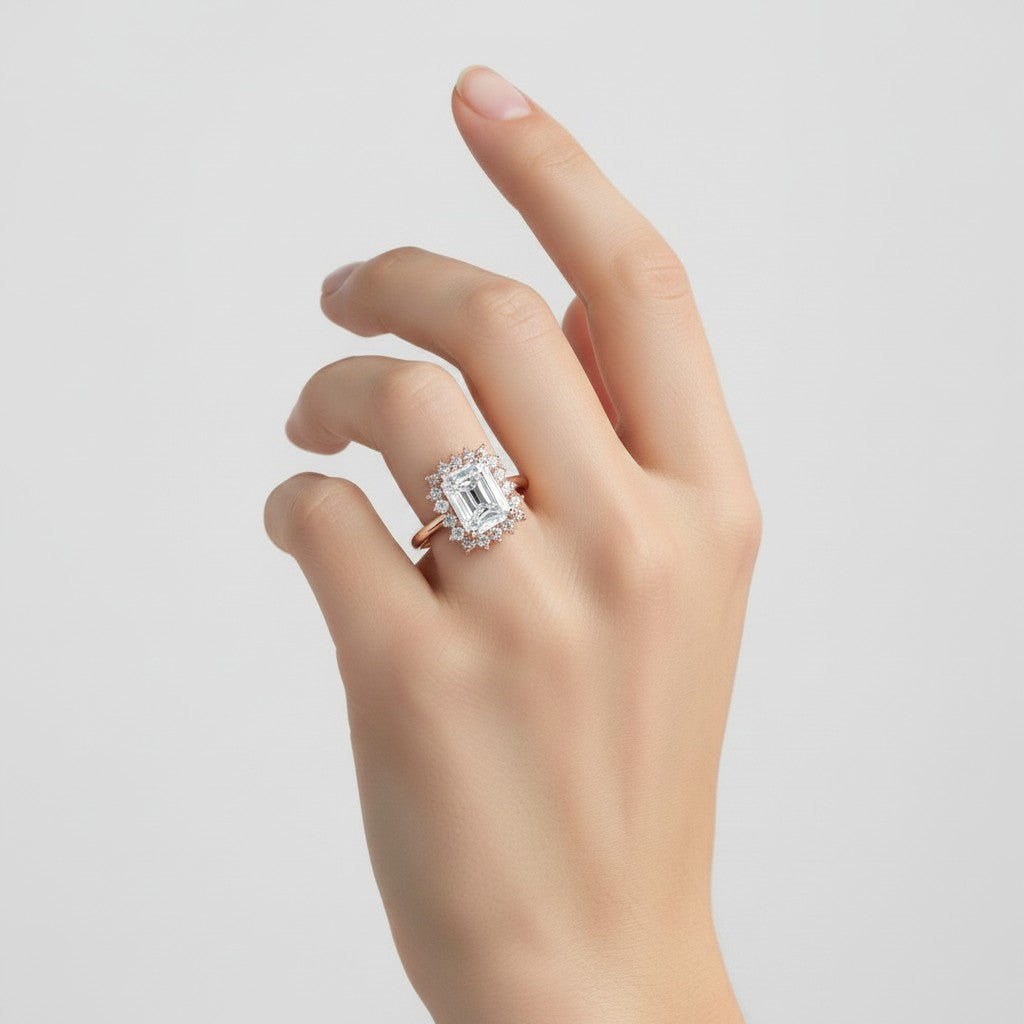 My Store 4 18K solid gold radiant-cut lab diamond engagement ring with a vintage halo setting worn on a hand