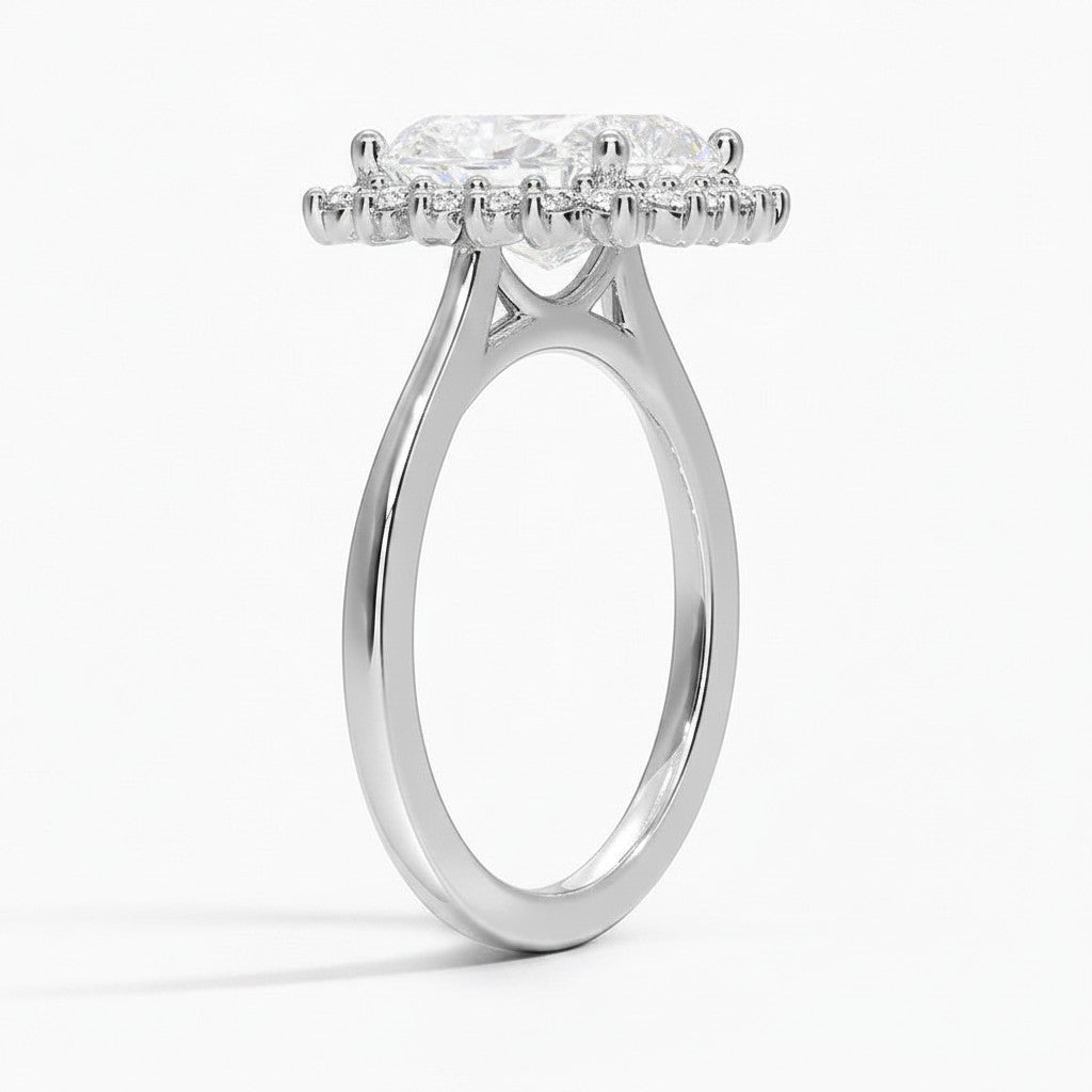 My Store 4 radiant-cut lab diamond engagement ring in 18K solid gold with a vintage halo setting, side profile view.