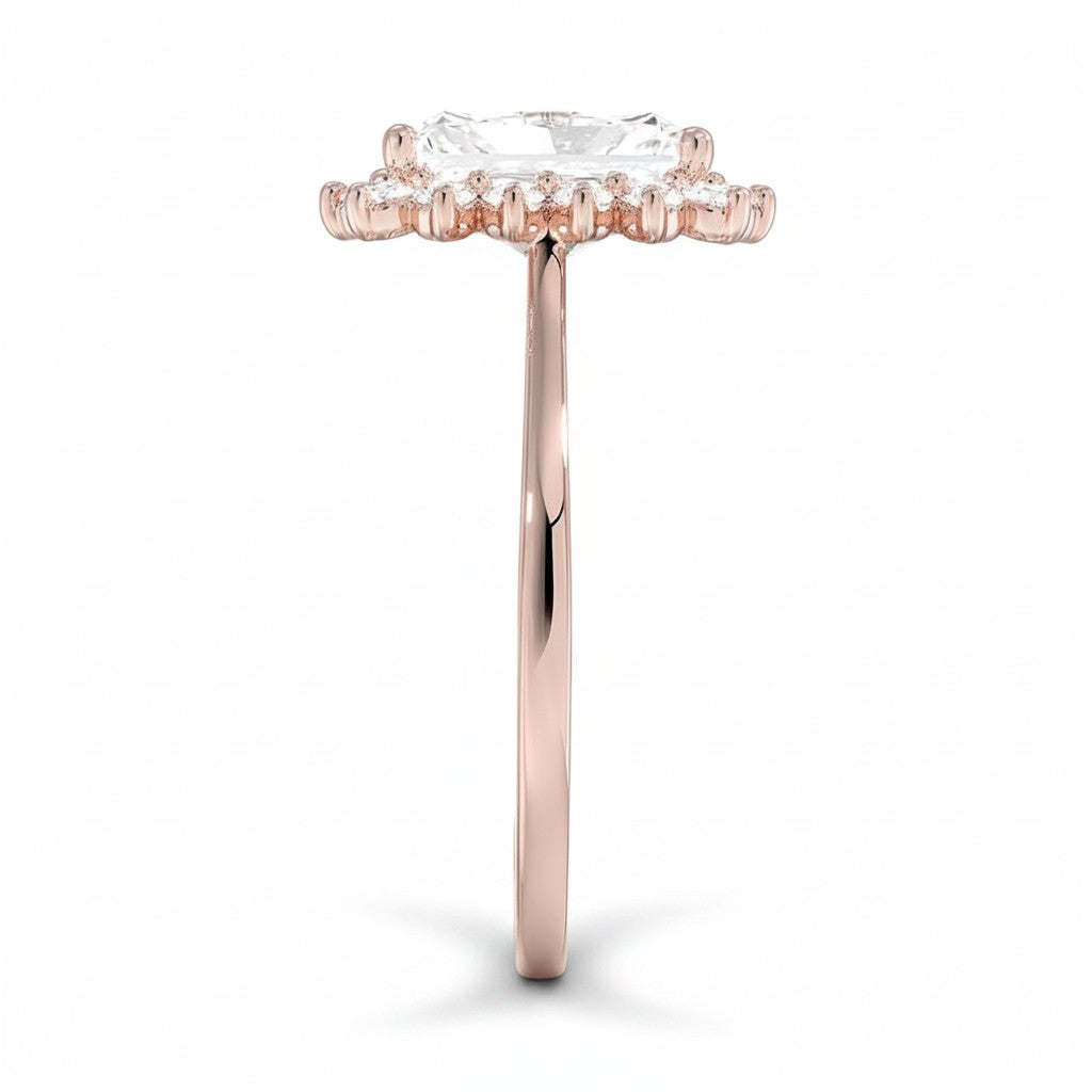 My Store 4 18K solid gold radiant cut lab diamond engagement ring with a vintage halo setting, side profile view.