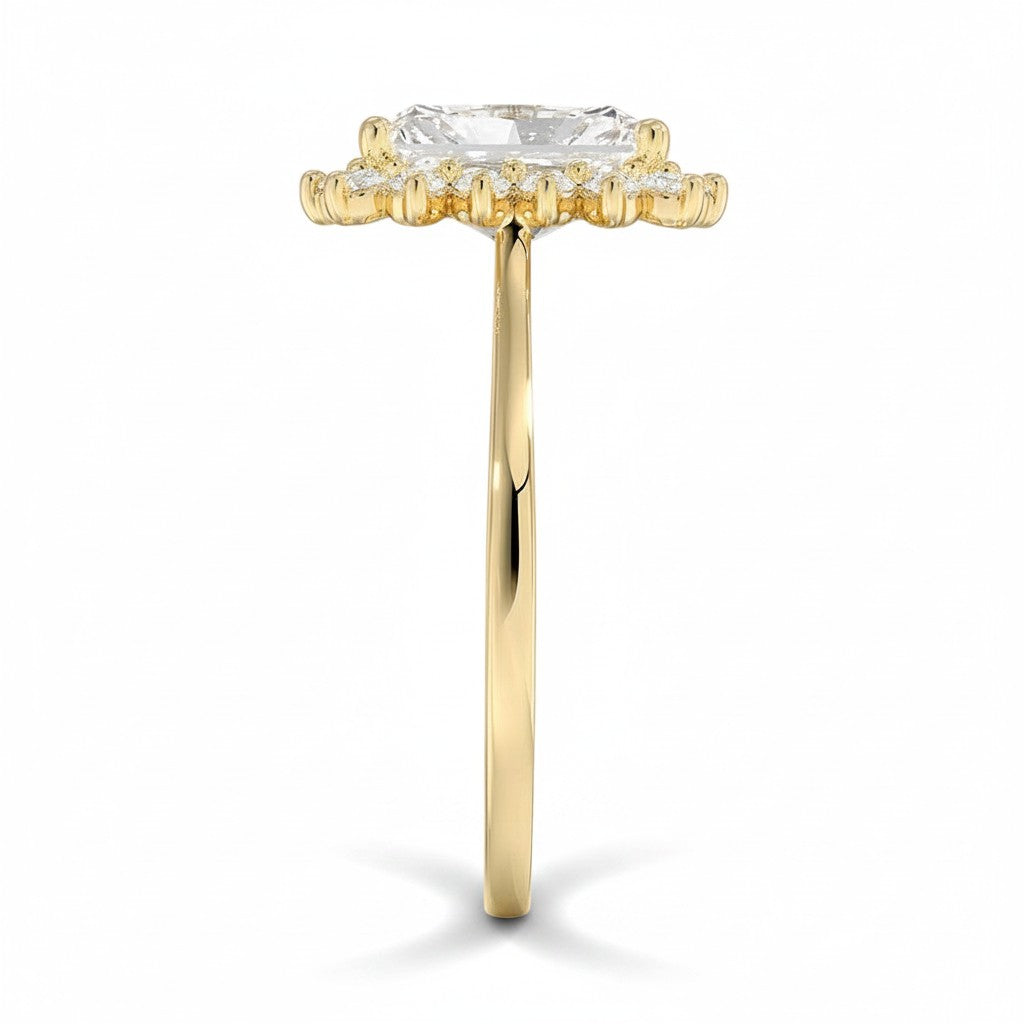 My Store 4 18K solid gold engagement ring featuring a radiant-cut lab diamond with a vintage halo setting, side view.