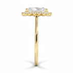My Store 4 18K solid gold engagement ring featuring a radiant-cut lab diamond with a vintage halo setting, side view.