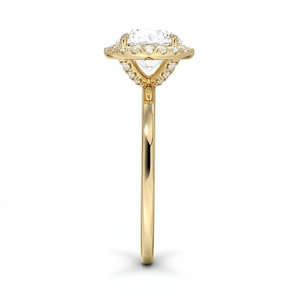 My Store 4 radiant cut lab diamond halo ring in 18K solid gold, side profile view showing intricate setting details