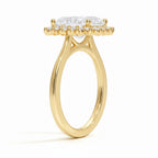 My Store 4 18K solid gold engagement ring featuring a radiant-cut lab diamond with a vintage halo setting, side view.