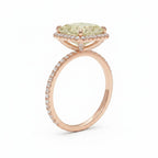 My Store 4 18K solid gold radiant-cut fancy yellow diamond halo ring with pavé diamond band, side profile view.