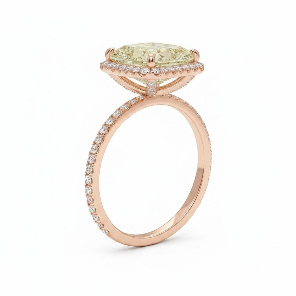 My Store 4 18K solid gold radiant-cut fancy yellow diamond halo ring with pavé diamond band, side profile view.