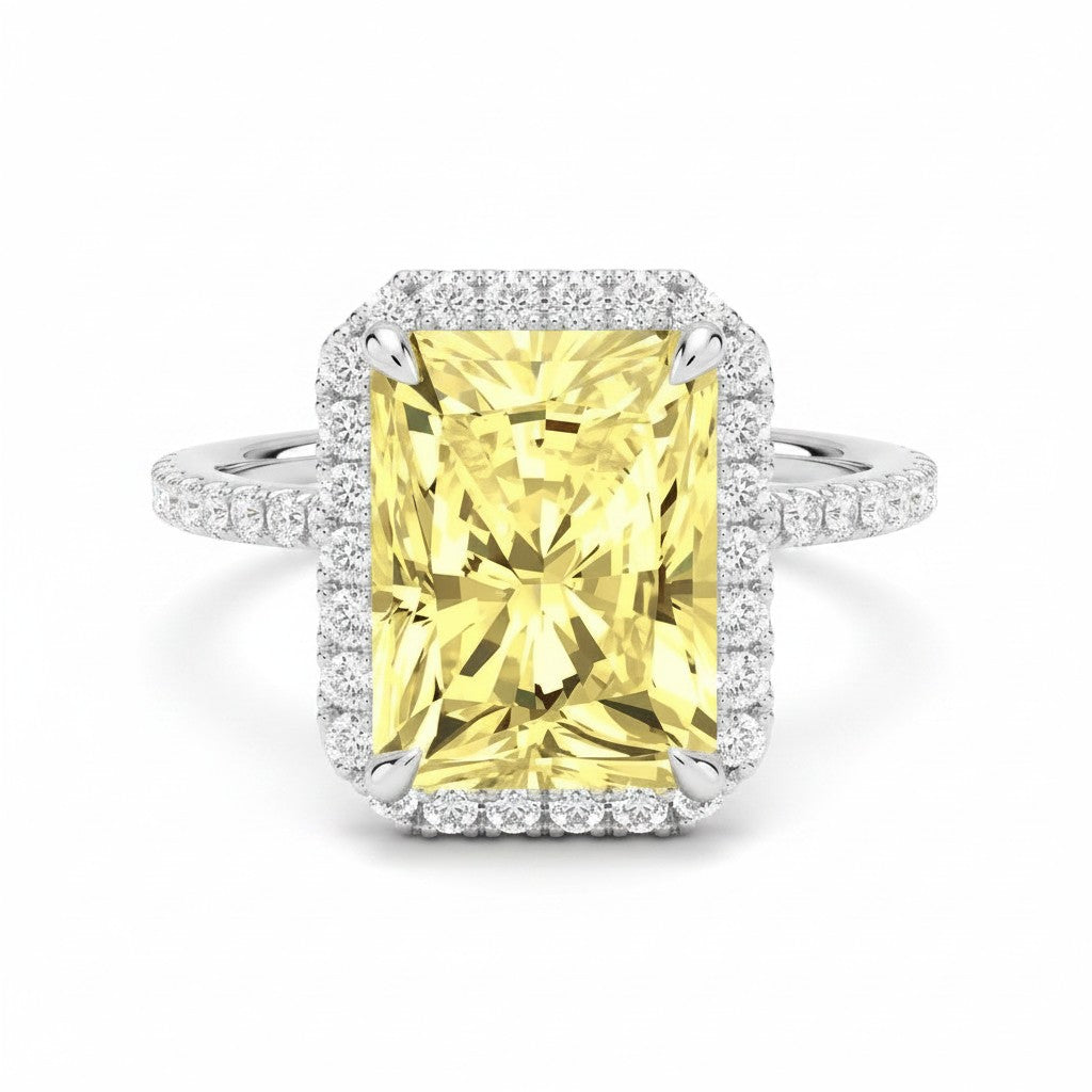 My Store 4 18K solid gold ring featuring a radiant-cut fancy yellow diamond surrounded by a sparkling diamond halo.