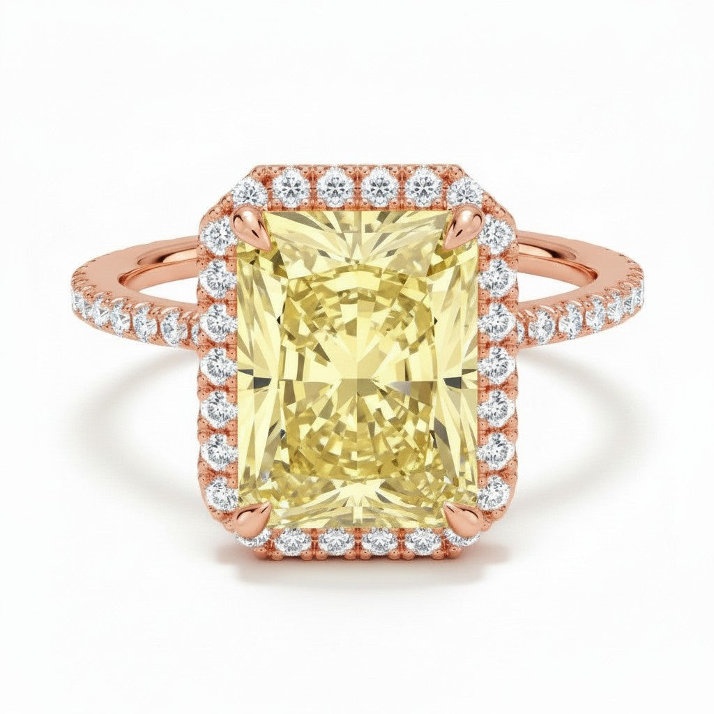 My Store 4 18K solid gold radiant-cut fancy yellow diamond halo ring with sparkling white diamond accents