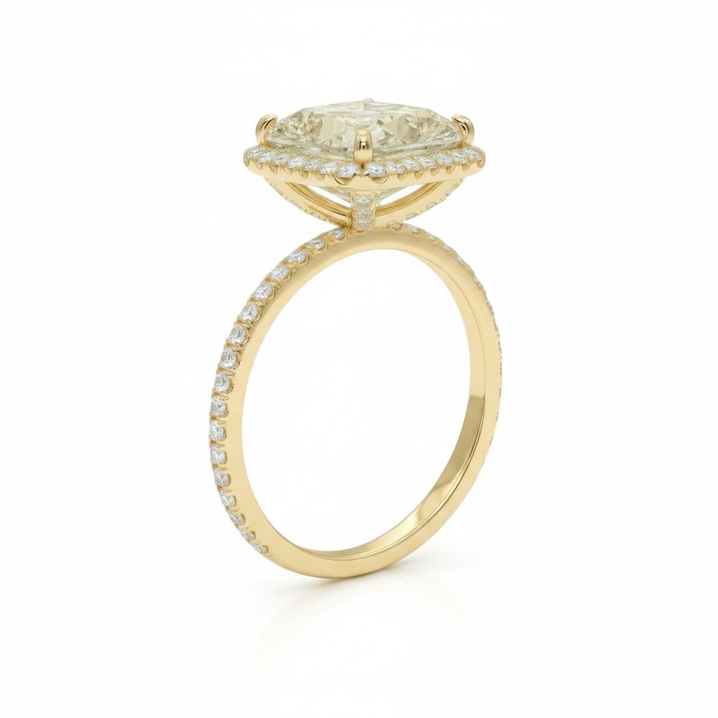 My Store 4 18K solid gold radiant-cut fancy yellow diamond halo ring with pavé diamond band, side view.