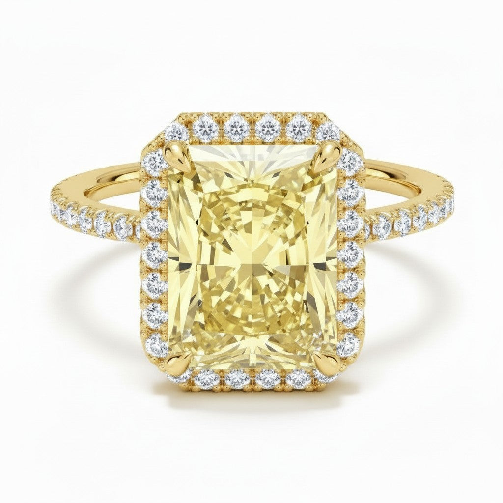 My Store 4 18K solid gold radiant-cut fancy yellow diamond halo ring with sparkling pavé diamond band