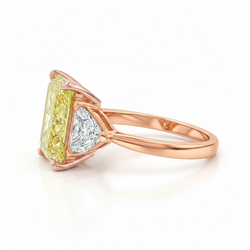 My Store 4 radiant-cut fancy yellow lab diamond trilogy ring set in 18K solid rose gold with side stones