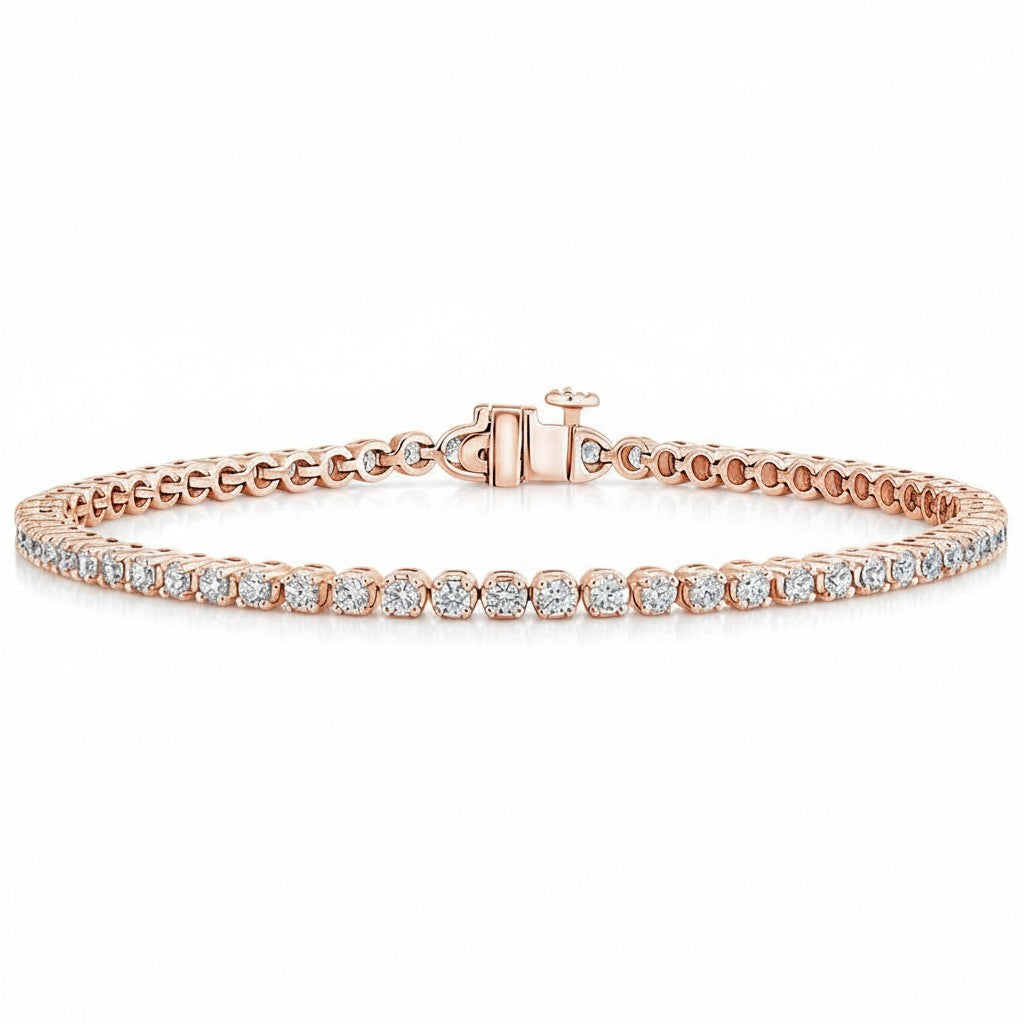 My Store 4 18K rose gold tennis bracelet featuring 2 carat round lab-grown diamonds in secure bezel settings.