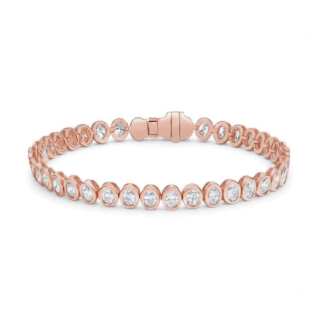 My Store 4 rose gold tennis bracelet featuring round brilliant diamonds in a protective bezel setting with a box clasp.