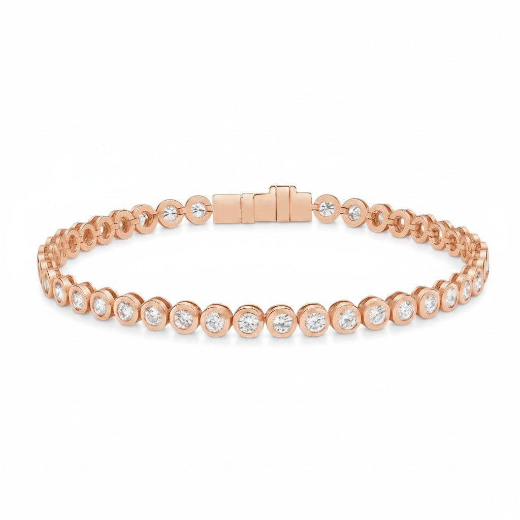 My Store 4 modern bezel round diamond tennis bracelet in 14K rose gold with a secure integrated box clasp.