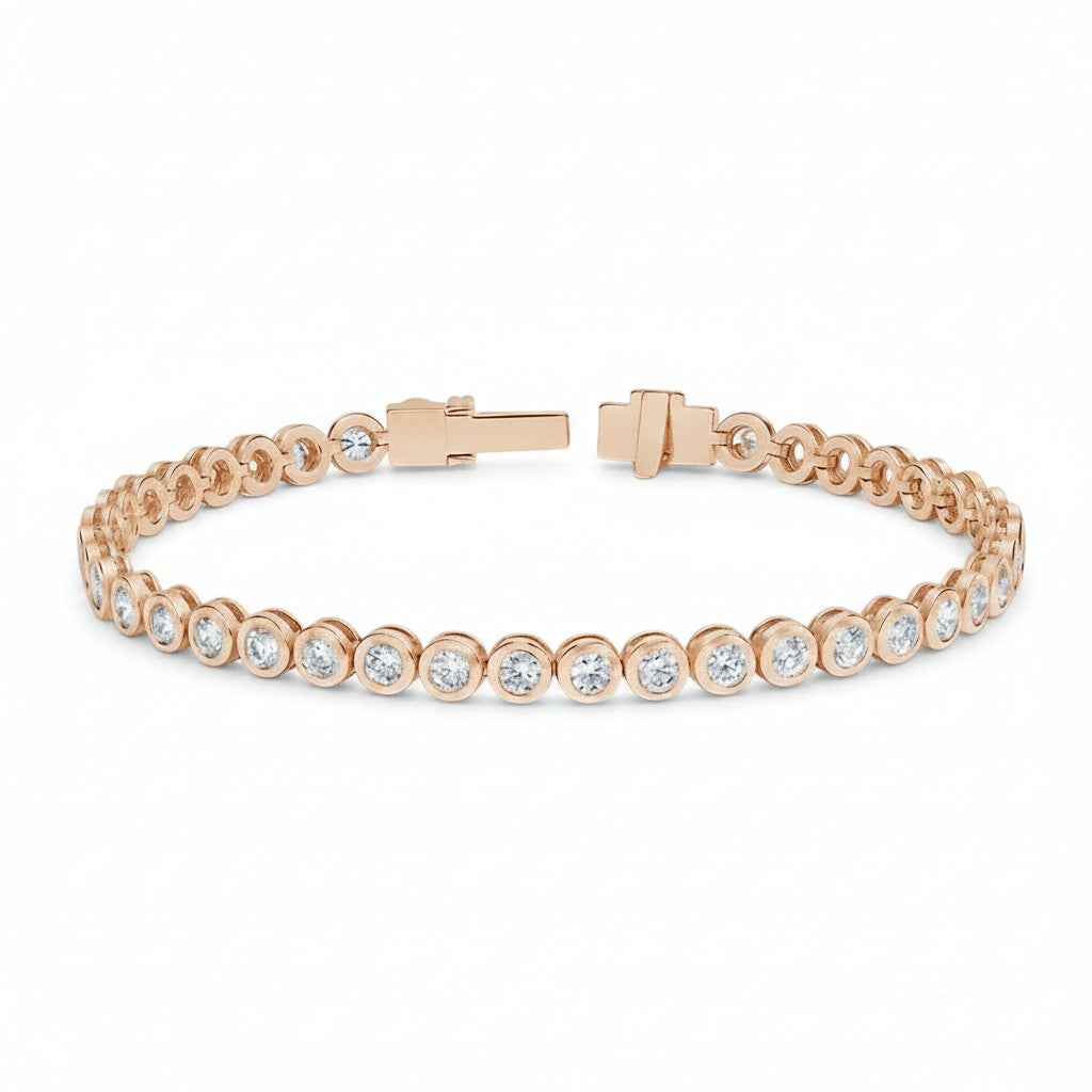 My Store 4 modern bezel diamond tennis bracelet in 14K rose gold with round brilliant stones and secure box clasp.