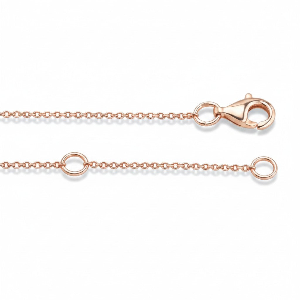 My Store 4 rose gold cable chain necklace featuring a secure lobster claw clasp and adjustable jump ring loops.