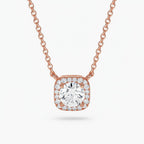 My Store 4 rose gold floating pendant necklace featuring a round brilliant diamond in a micro-pave cushion halo setting.