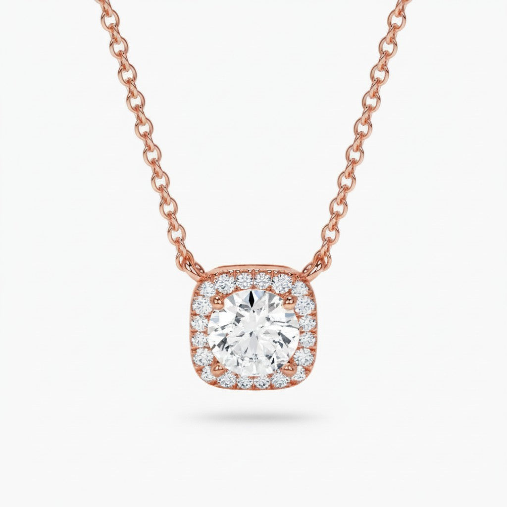 My Store 4 rose gold floating pendant necklace featuring a round brilliant diamond in a micro-pave cushion halo setting.