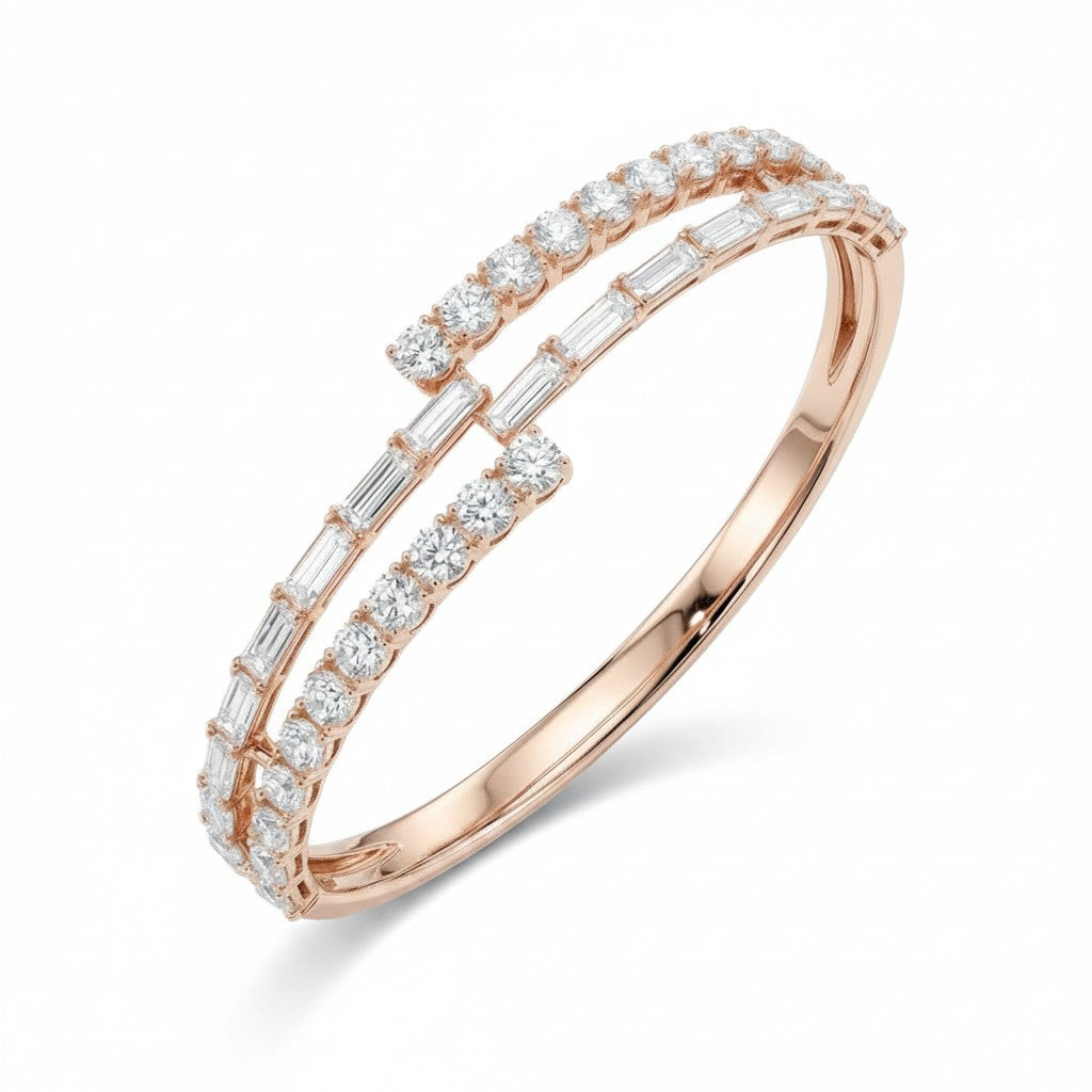 My Store 4 rose gold bypass open bangle bracelet featuring alternating baguette and round brilliant cut diamonds.