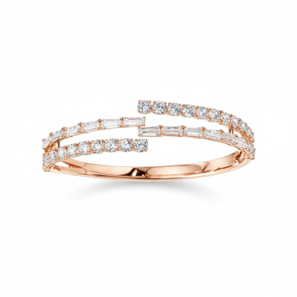 My Store 4 rose gold bypass open bangle bracelet featuring alternating baguette and round brilliant cut diamonds.