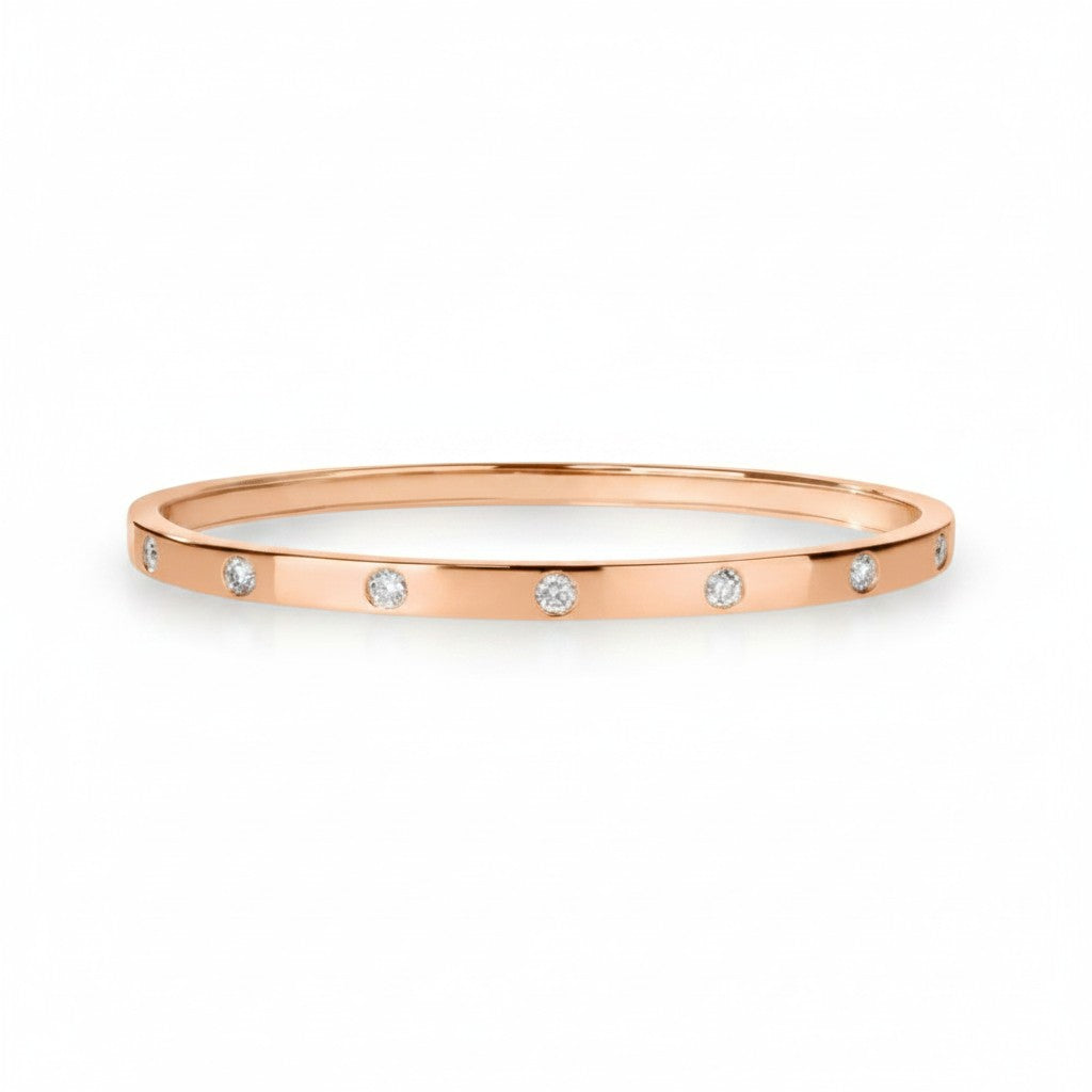 My Store 4 rose gold bangle bracelet featuring round diamonds in a smooth flush setting for a snag-free design.