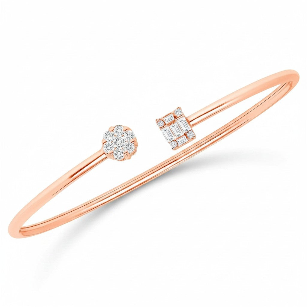 My Store 4 rose gold open cuff bracelet featuring a round diamond cluster and a rectangular baguette diamond motif.
