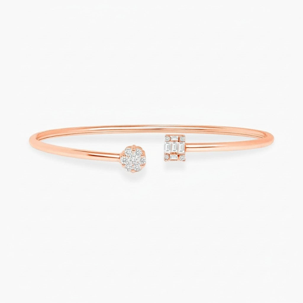 My Store 4 rose gold open cuff bracelet featuring a round diamond cluster and a rectangular baguette diamond motif.