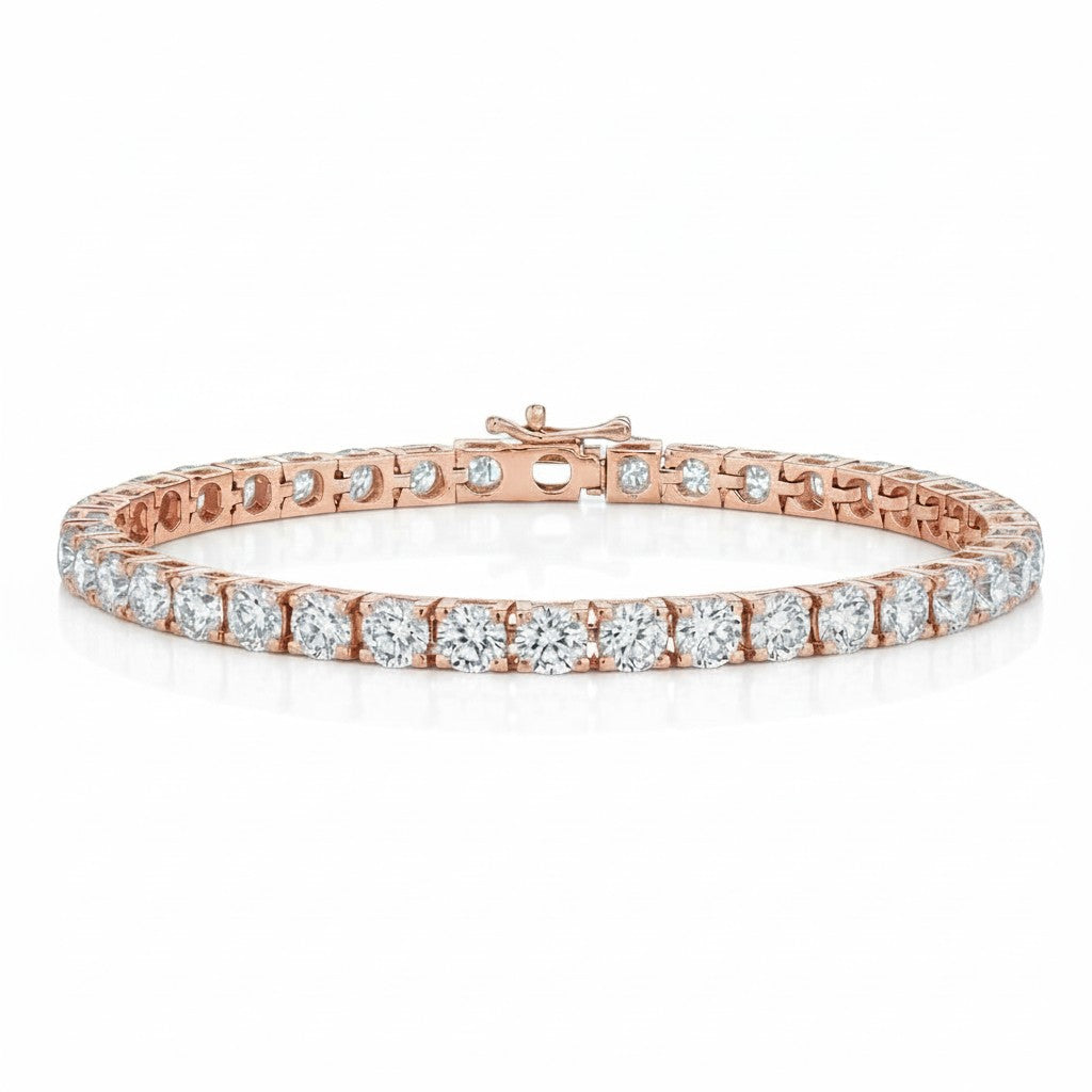 My Store 4 custom rose gold tennis bracelet featuring round brilliant cut diamonds in a 4-prong open basket setting.