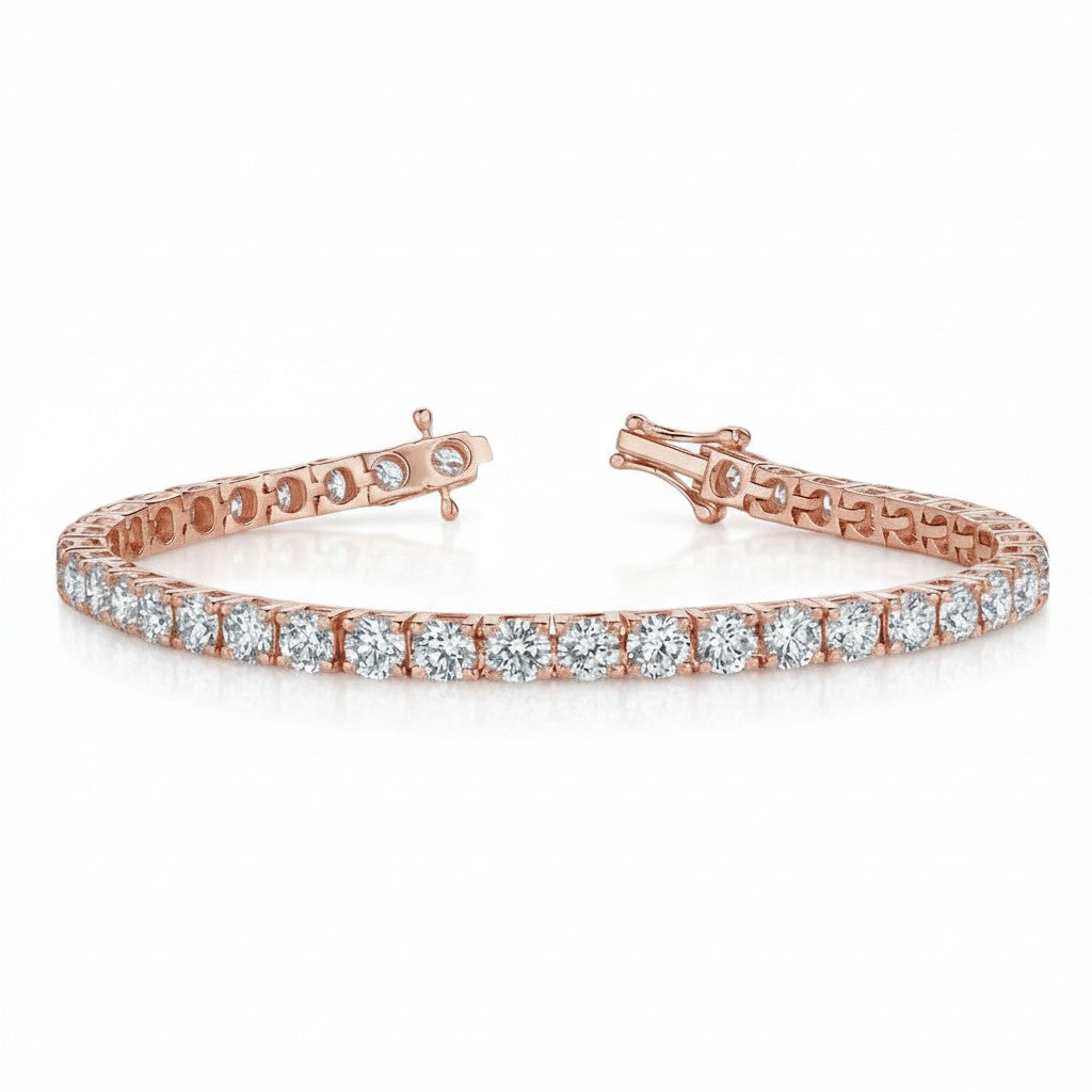 My Store 4 rose gold tennis bracelet featuring round brilliant cut diamonds in a 4-prong open basket setting.