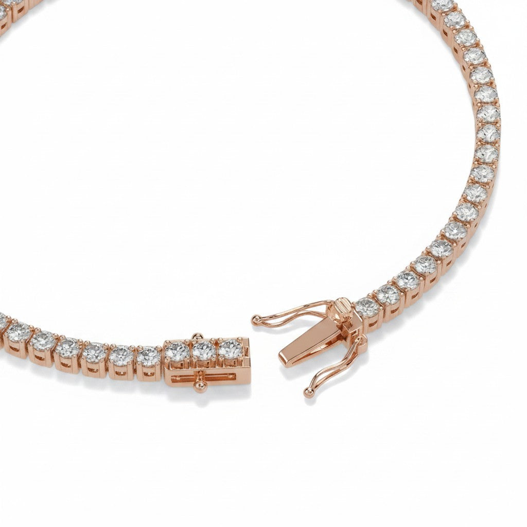 My Store 4 rose gold round diamond tennis bracelet with a secure box clasp and dual safety latches.