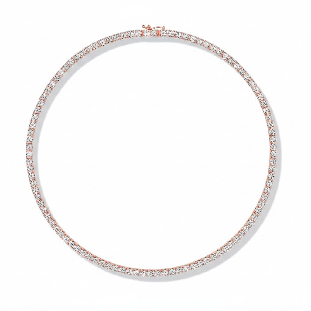 My Store 4 classic rose gold tennis necklace featuring a continuous line of brilliant-cut diamonds and a box clasp.