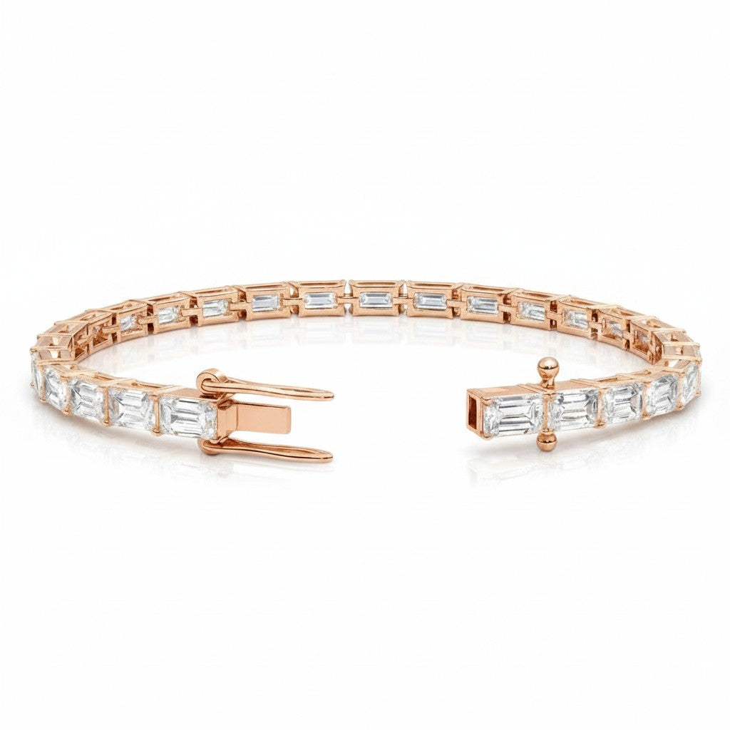 My Store 4 rose gold line bracelet featuring horizontally set emerald cut diamonds with a secure box clasp closure.