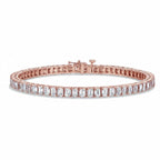 My Store 4 custom rose gold tennis bracelet featuring emerald cut diamonds in a continuous basket setting with a box clasp.