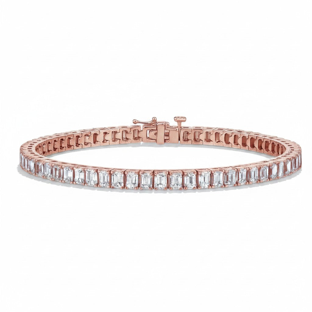 My Store 4 custom rose gold tennis bracelet featuring emerald cut diamonds in a continuous basket setting with a box clasp.