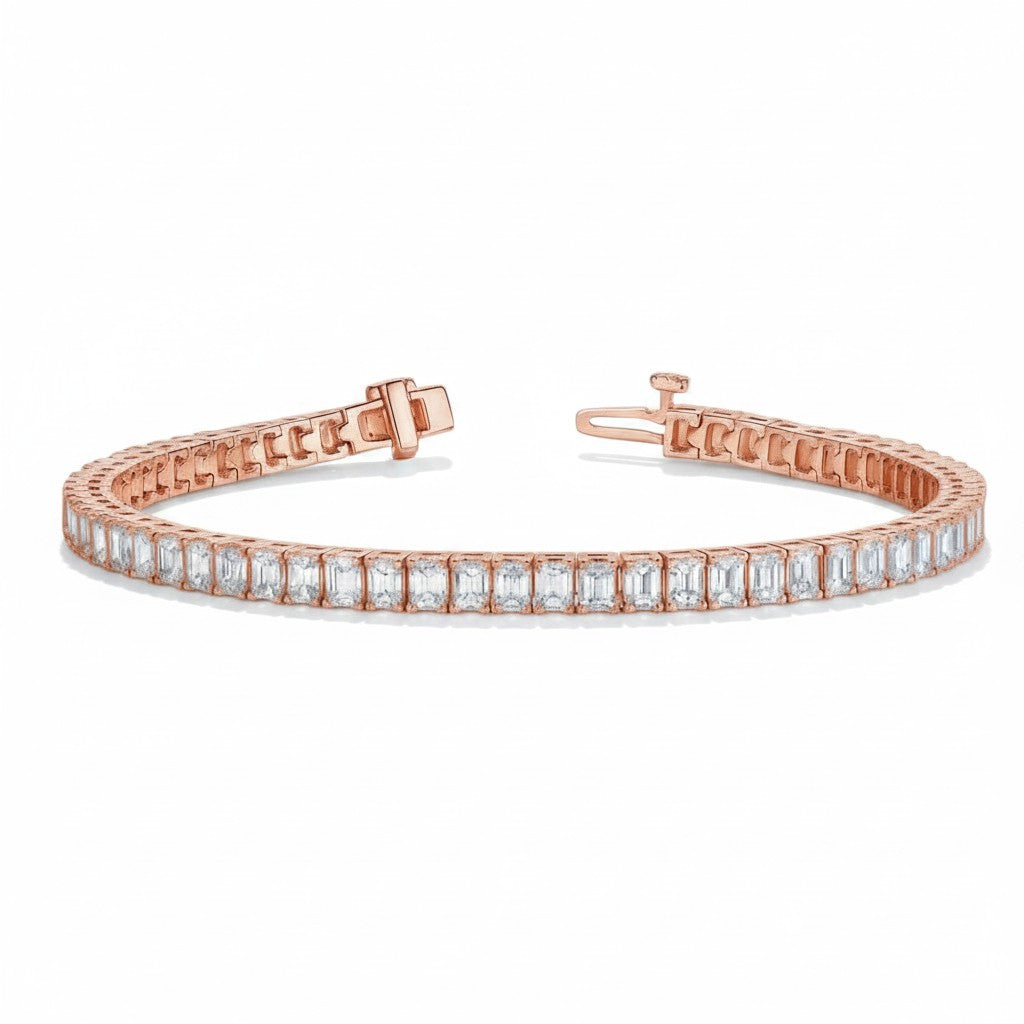 My Store 4 custom rose gold tennis bracelet featuring emerald cut diamonds in a continuous line setting.
