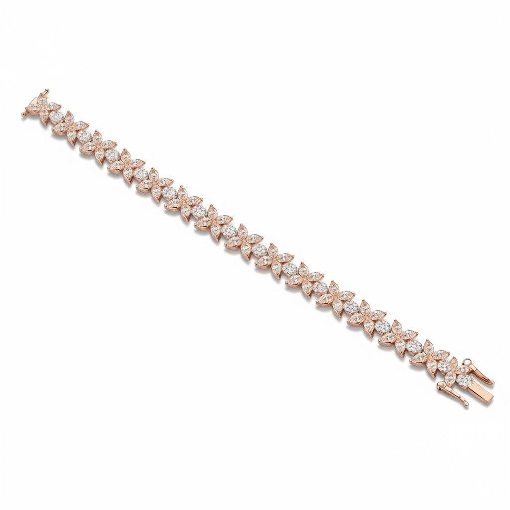 My Store 4 Bloomline rose gold floral diamond line bracelet featuring marquise and round cut diamond flower clusters.