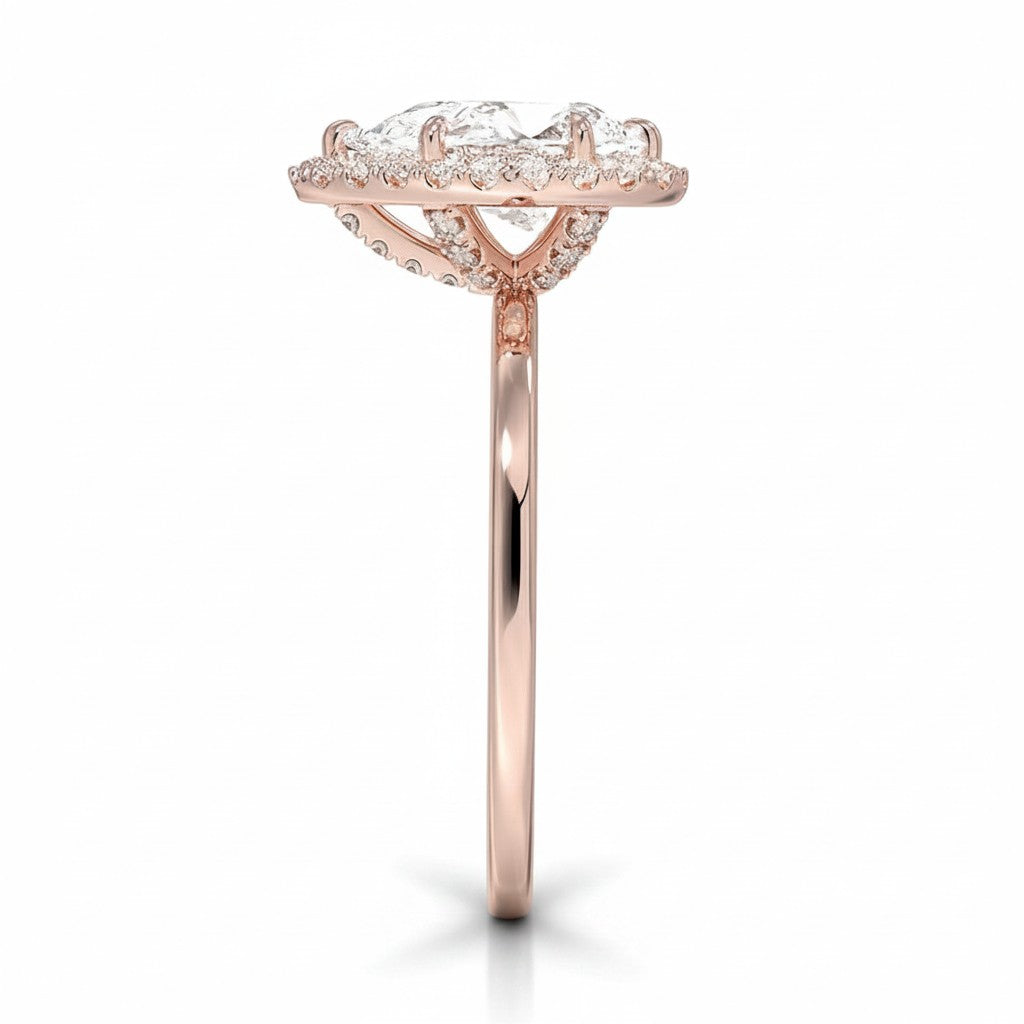 My Store 4 18K solid rose gold halo engagement ring set with a sparkling lab-grown diamond, side profile view.