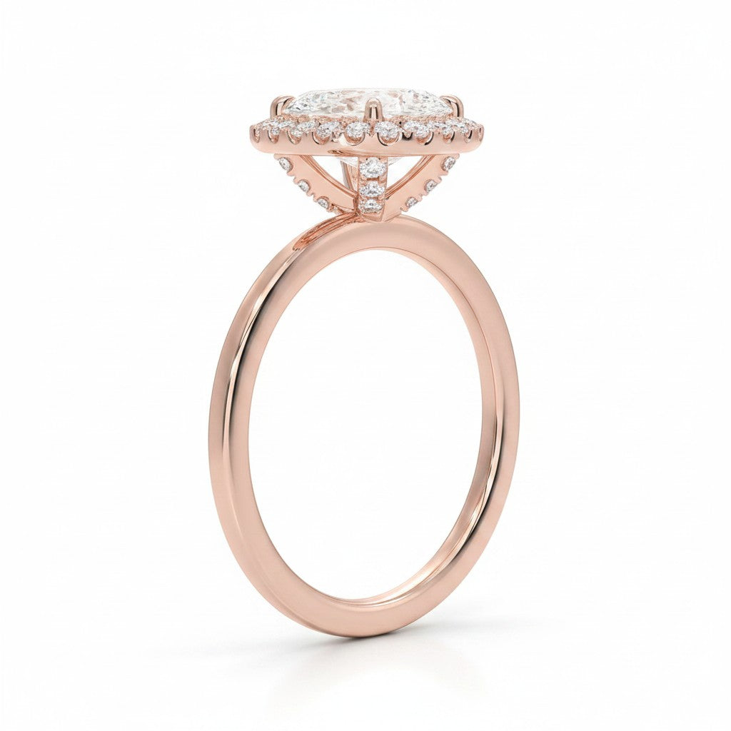 My Store 4 18K rose gold halo engagement ring featuring a sparkling lab-grown diamond in a classic setting