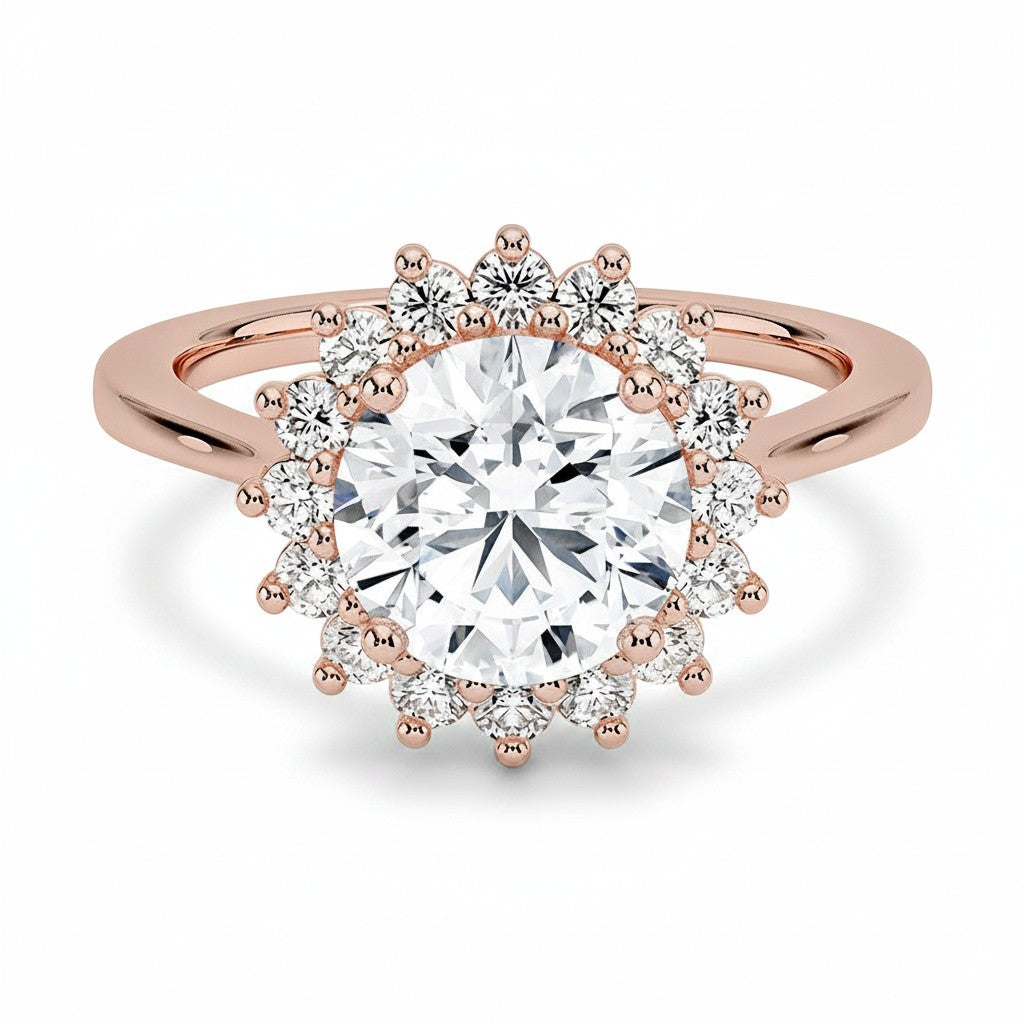 My Store 4 18K rose gold engagement ring featuring a round-cut lab diamond in a vintage-inspired halo setting.