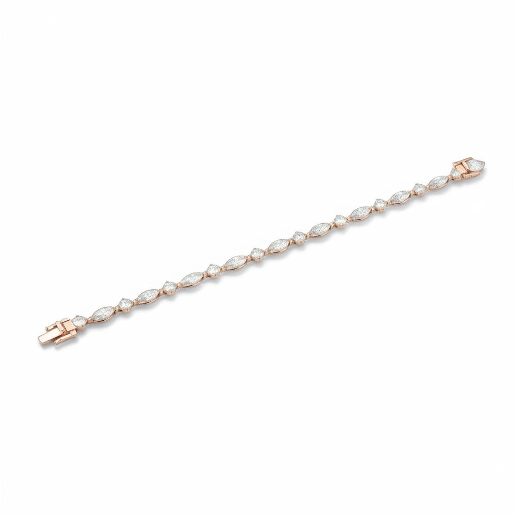 My Store 4 rose gold tennis bracelet featuring alternating marquise and round cut diamonds in a flexible prong setting.