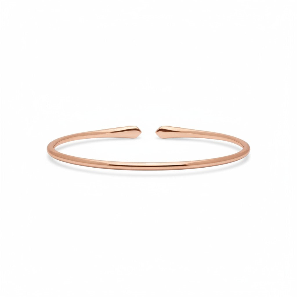 My Store 4 rose gold open cuff bracelet with a sleek, polished minimalist design on a white background.