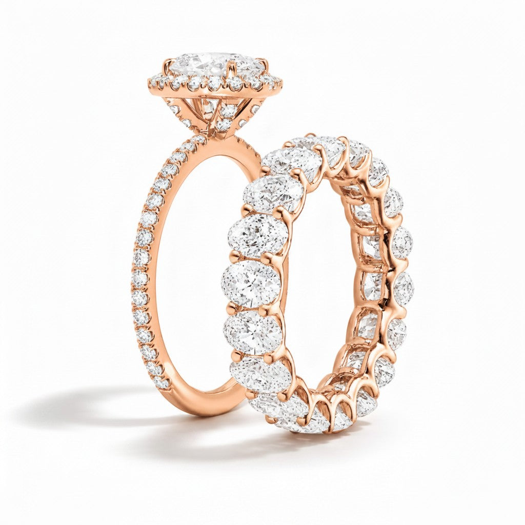 My Store 4 rose gold bridal set featuring an oval diamond halo engagement ring and a matching oval eternity band.