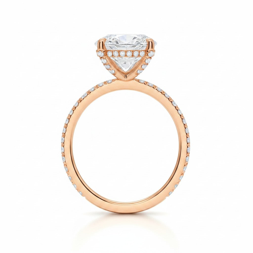 My Store 4 18K rose gold oval lab-grown diamond engagement ring with a hidden halo and pavé band side view