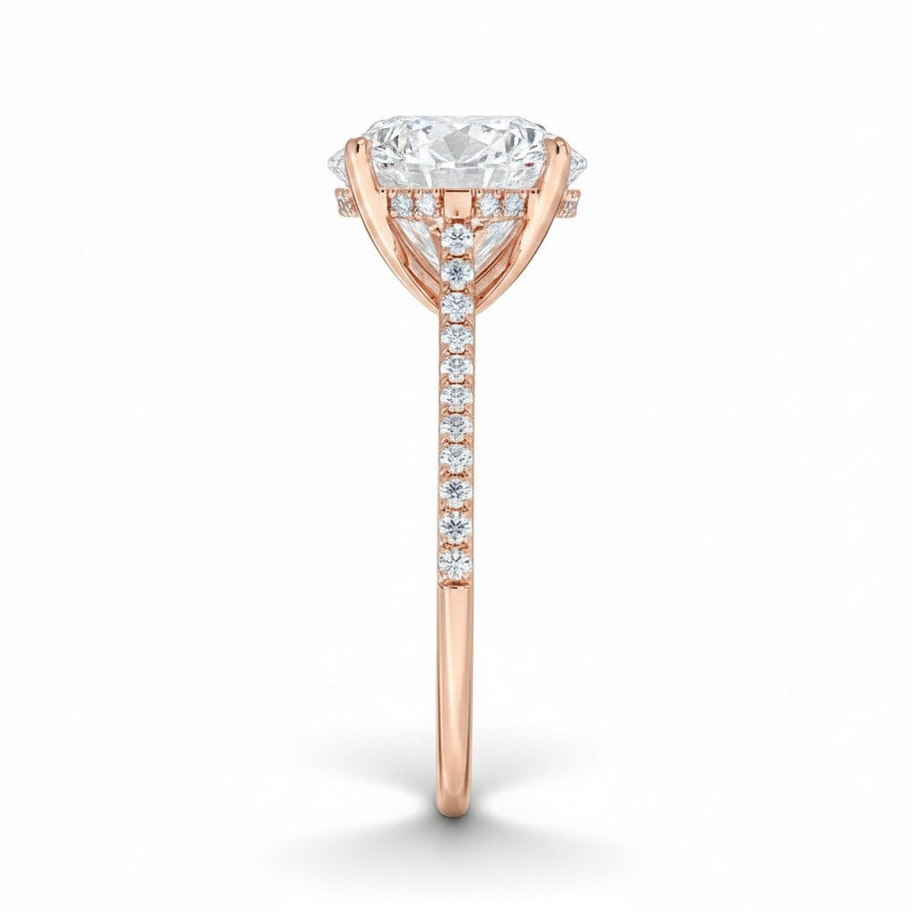 My Store 4 18K rose gold oval lab-grown diamond engagement ring with a cathedral setting and pavé band side view
