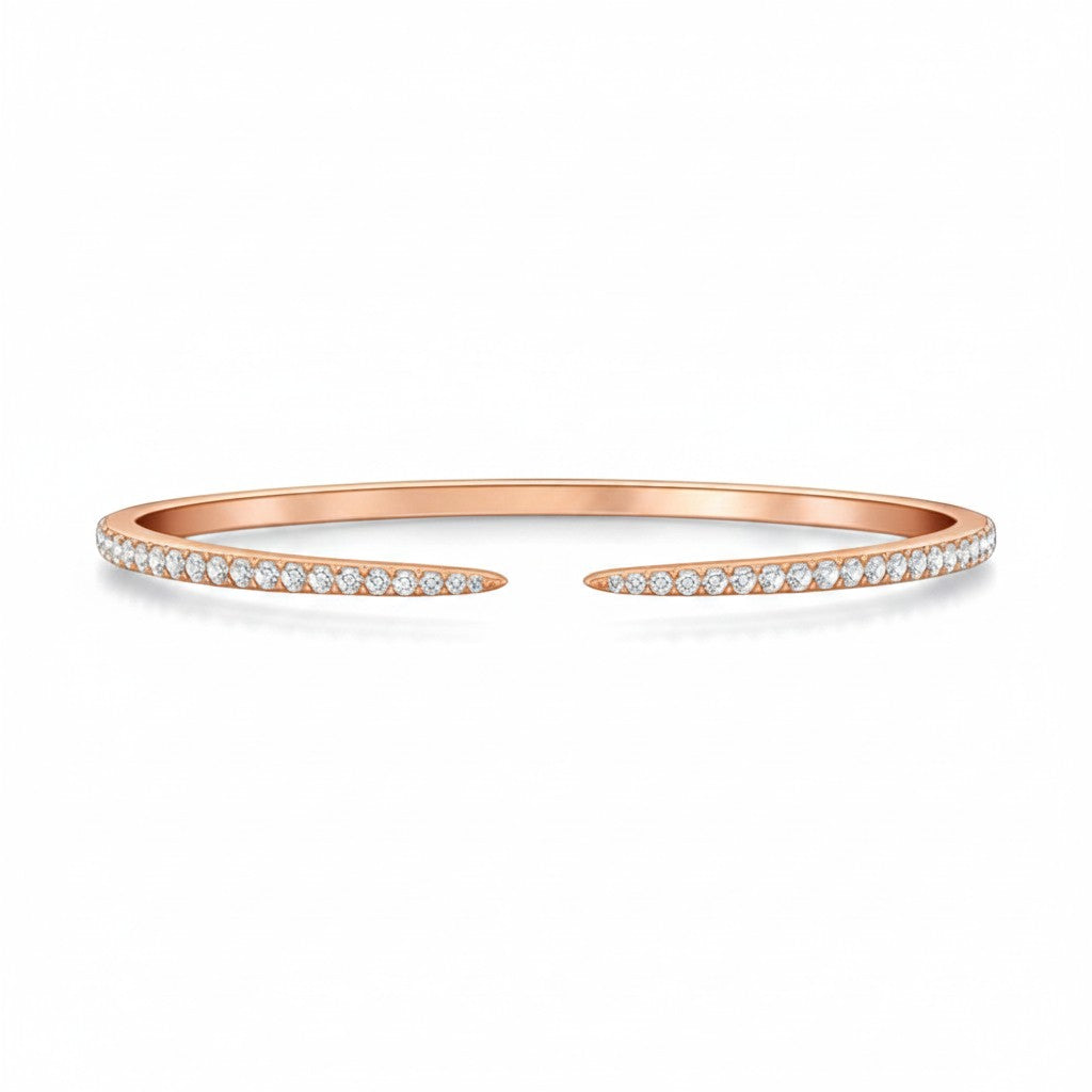 My Store 4 open pavé diamond bangle bracelet in rose gold with a sleek tapered cuff design and micro-pavé setting.