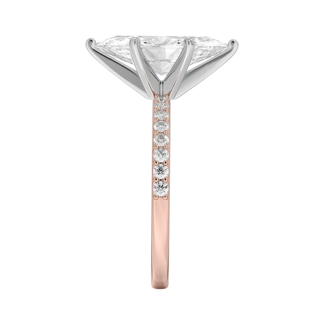 My Store 4 18K gold solitaire ring featuring a central diamond and pavé-set diamonds on a rose gold band, side view.