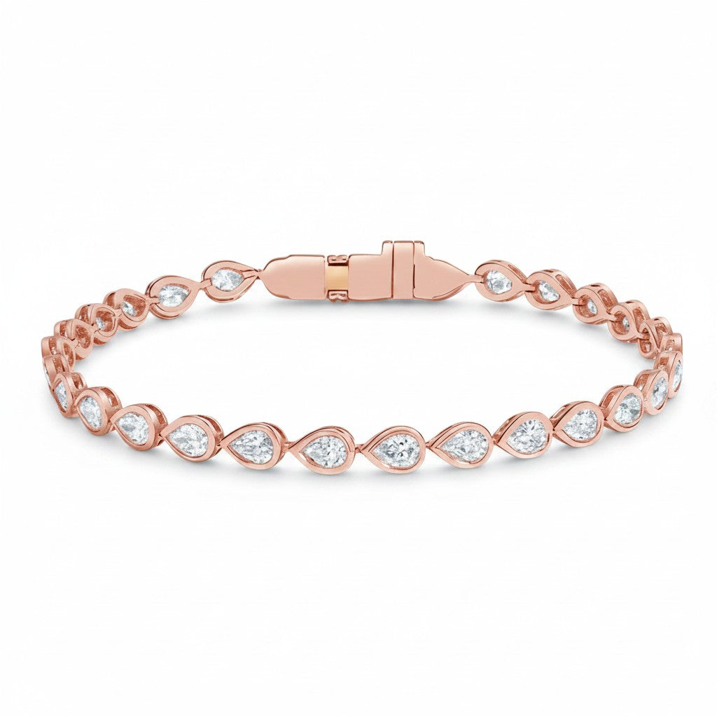 My Store 4 rose gold tennis bracelet featuring pear-cut diamonds in smooth protective bezel settings.