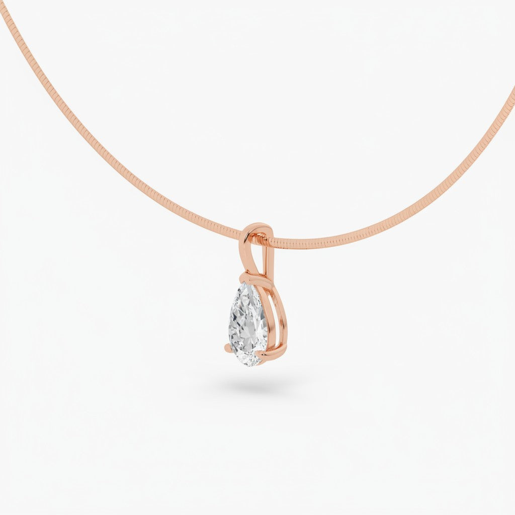My Store 4 rose gold omega choker necklace featuring a pear-cut diamond pendant with a protective V-prong setting.