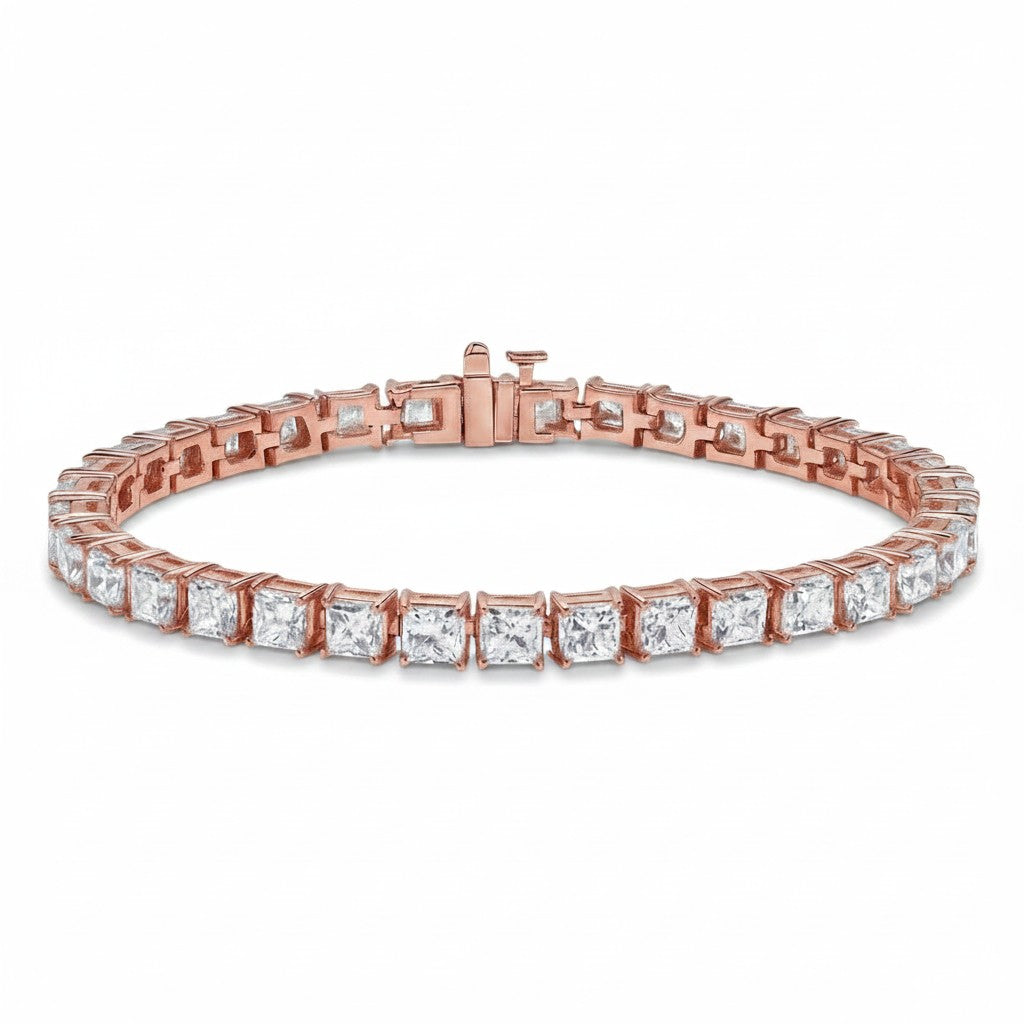 My Store 4 custom rose gold tennis bracelet featuring princess cut diamonds in a secure basket link setting.