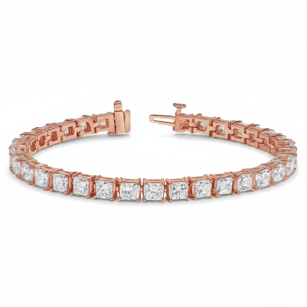 My Store 4 custom rose gold tennis bracelet featuring princess cut diamonds in a secure box clasp setting.