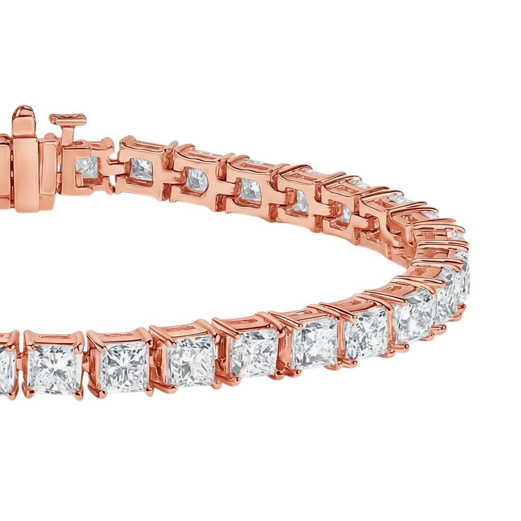 My Store 4 custom rose gold tennis bracelet featuring princess cut diamonds in a secure basket link setting.